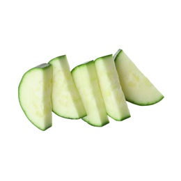 Photo of Slices of ripe zucchini on white background, top view