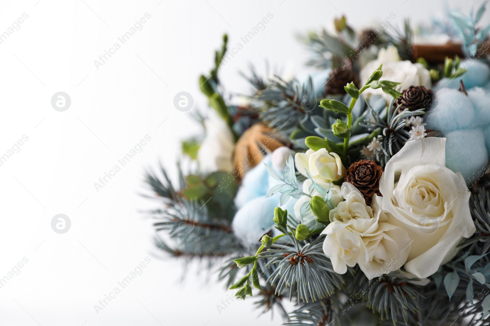 Photo of Beautiful wedding winter bouquet on light background, closeup