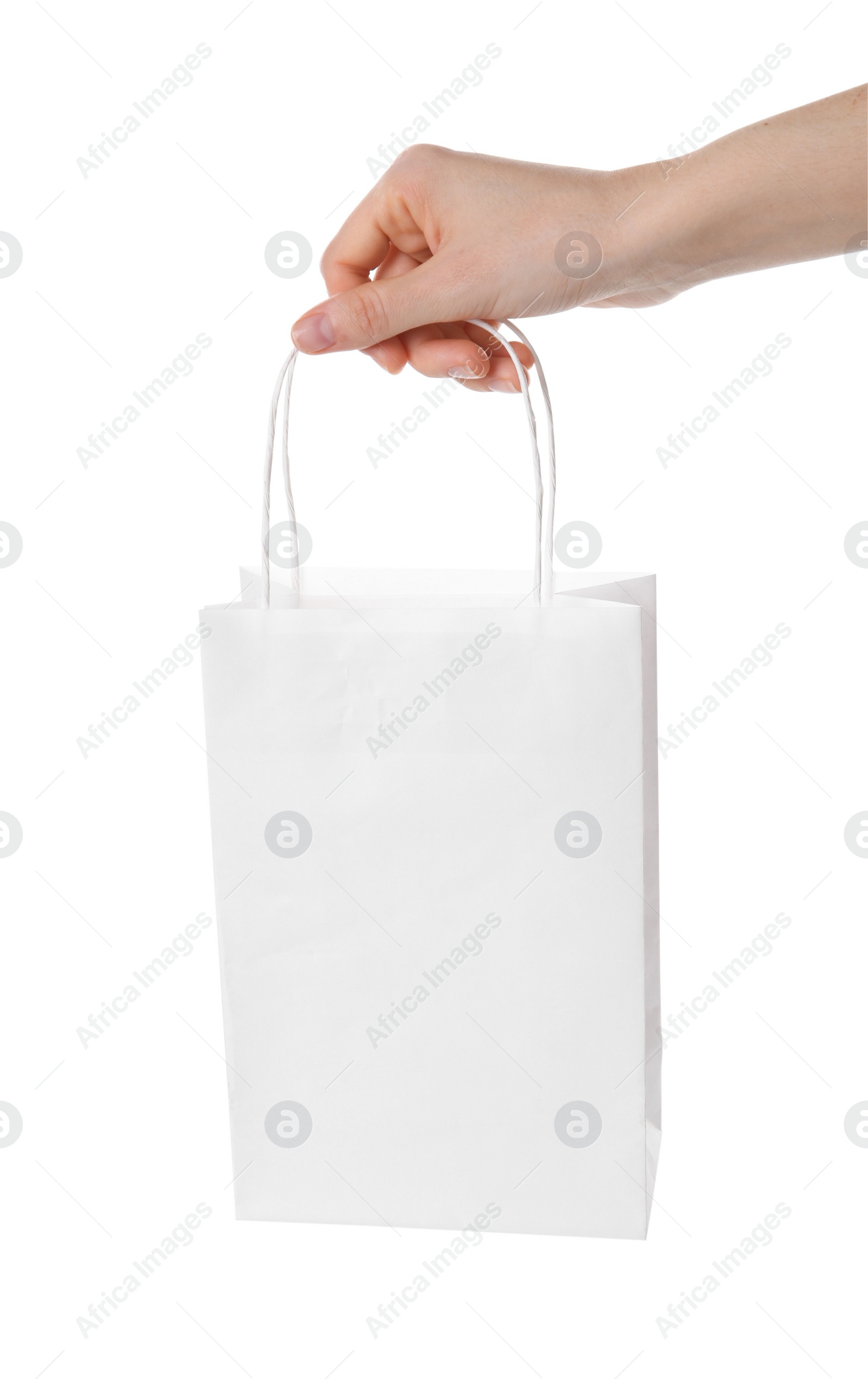 Photo of Woman holding paper bag on white background, closeup. Mockup for design