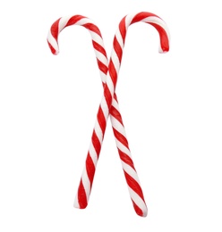 Tasty candy canes on white background. Festive treat