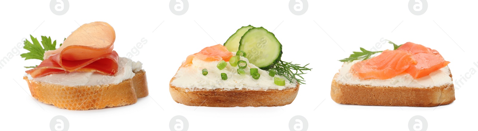 Image of Toasted bread with tasty cream cheese, salmon, prosciutto and cucumber on white background, collage. Banner design