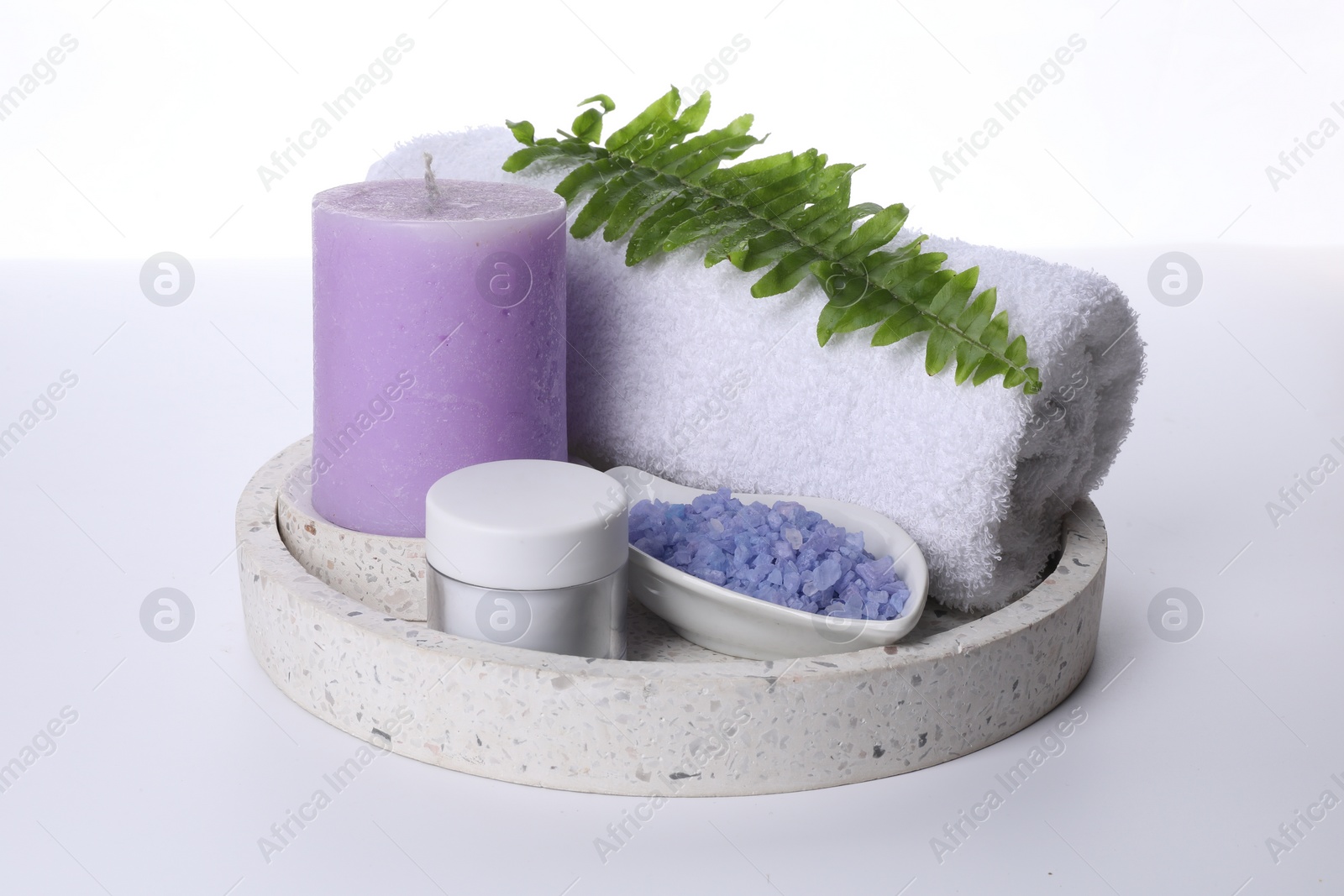 Photo of Composition with spa products and candle isolated on white