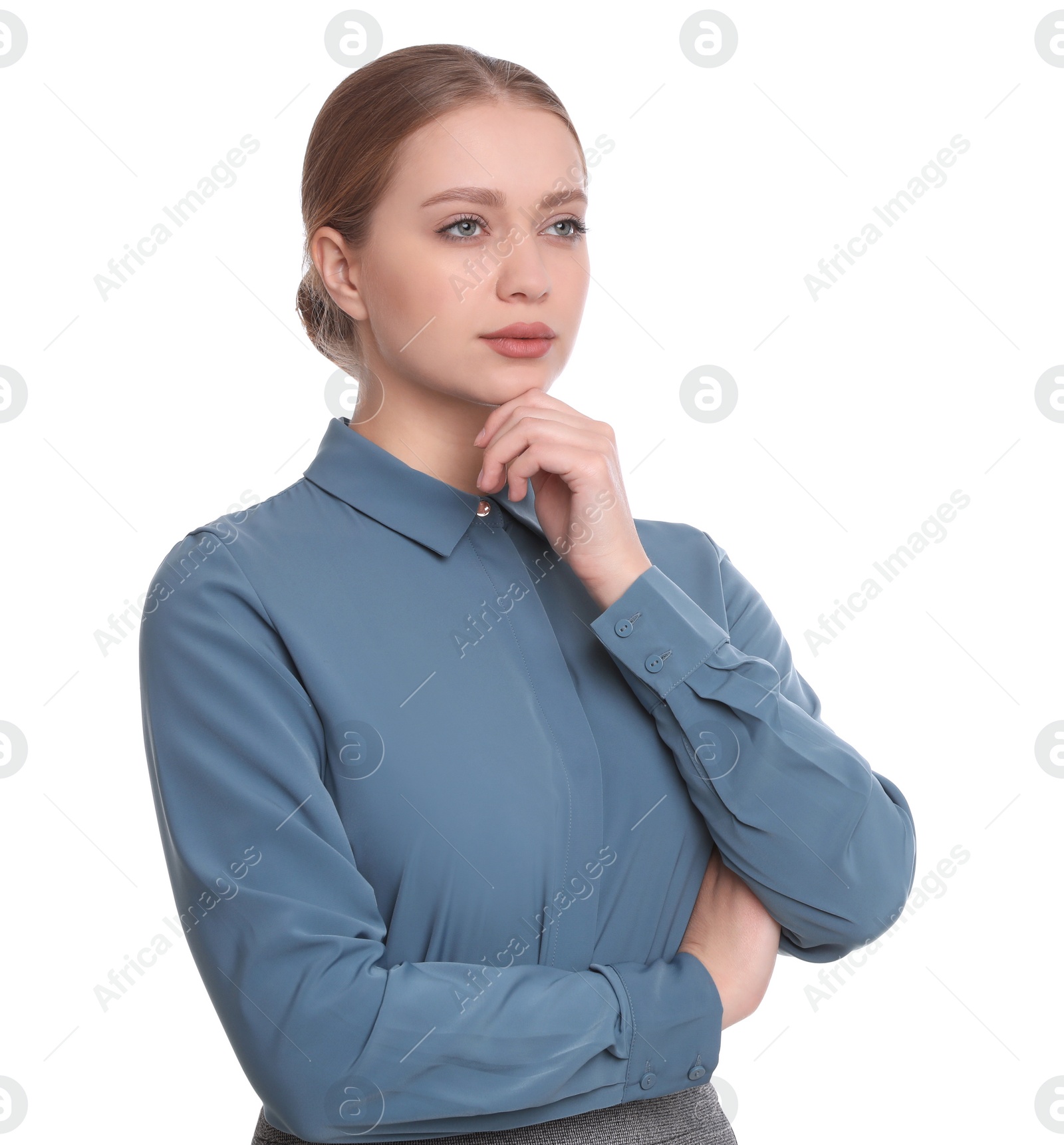 Photo of Portrait of young businesswoman on white background