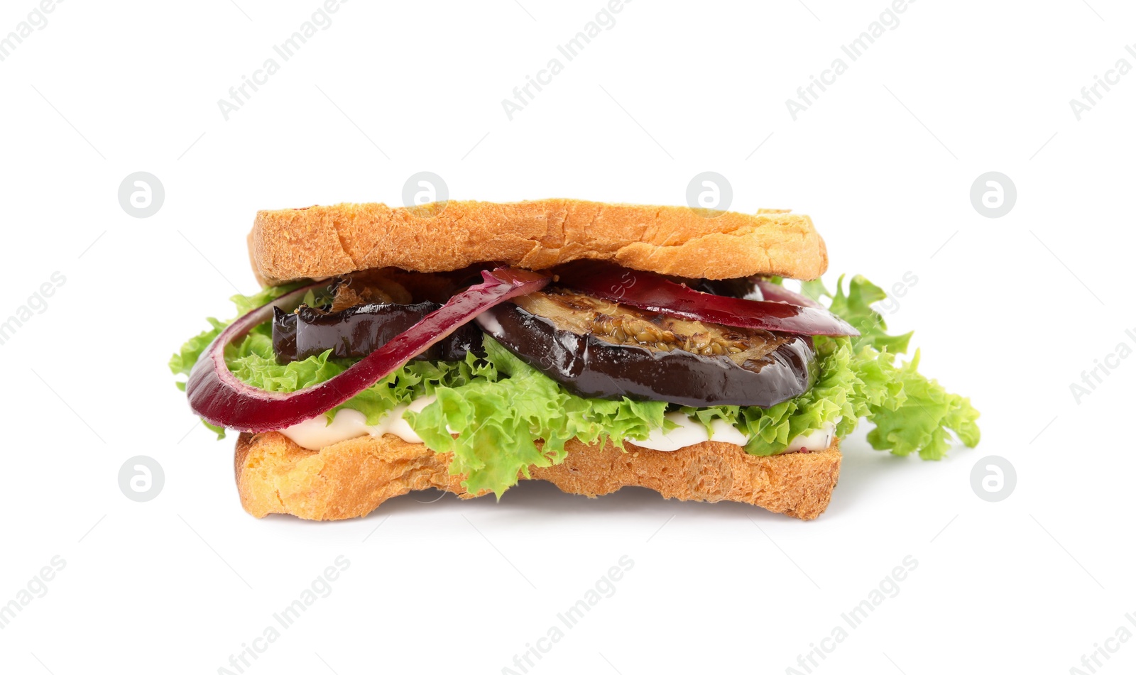 Photo of Delicious fresh eggplant sandwich isolated on white