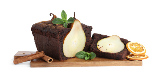 Photo of Tasty pear bread with mint, cinnamon and dried orange slices on white background. Homemade cake