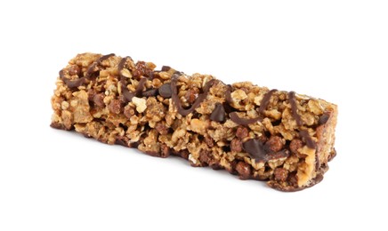 Photo of Granola bar with chocolate isolated on white. High protein snack