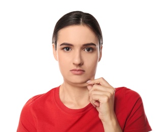 Photo of Young woman with double chin on white background