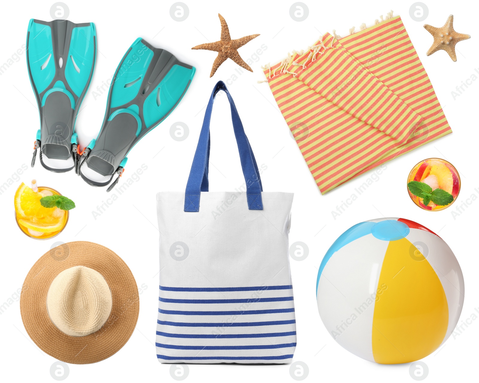 Image of Set with towel and other beach accessories on white background