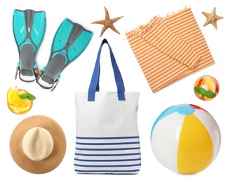 Set with towel and other beach accessories on white background