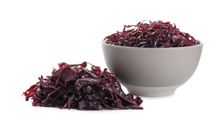 Photo of Bowl with tasty red cabbage sauerkraut isolated on white