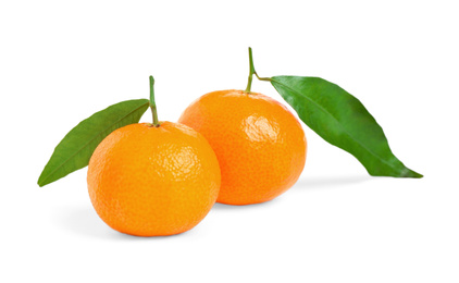 Fresh ripe tangerines with leaves isolated on white. Citrus fruit