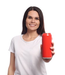 Photo of Beautiful young woman holding tin can with beverage on white background