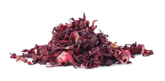 Photo of Pile of dry hibiscus tea isolated on white