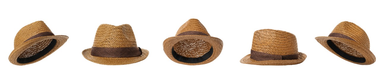 Image of Set with stylish straw hats on white background, banner design. Stylish headdress