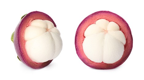 Image of Delicious cut mangosteens on white background, closeup. Banner design