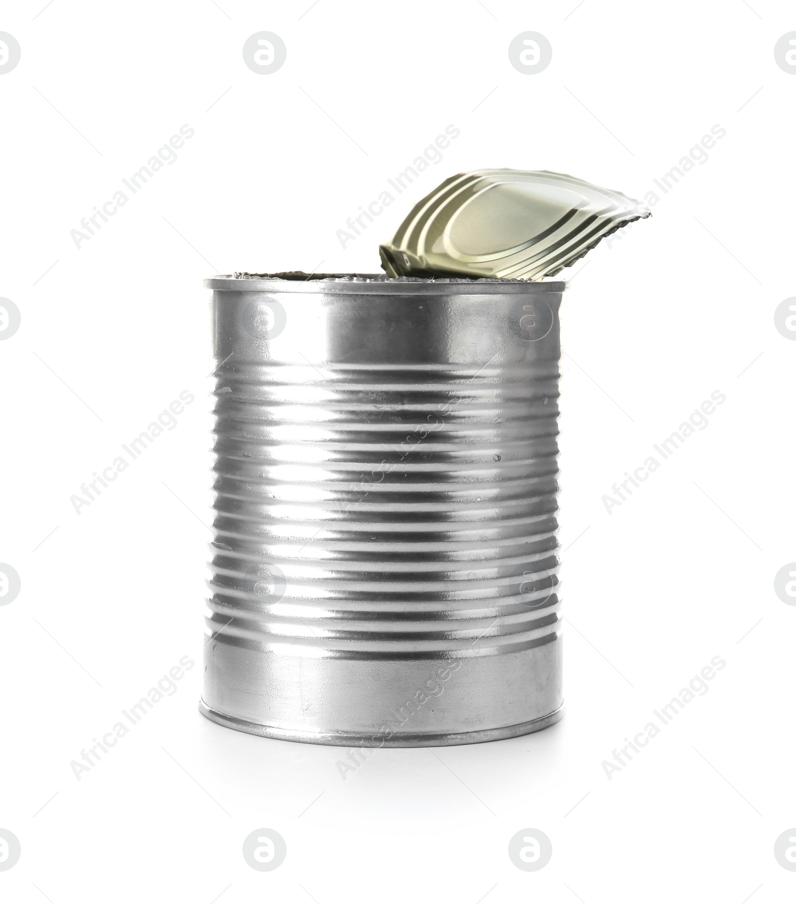 Photo of Open aluminum food can on white background. Metal waste recycling