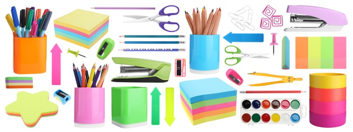 Image of Set of bright school stationery on white background. Banner design