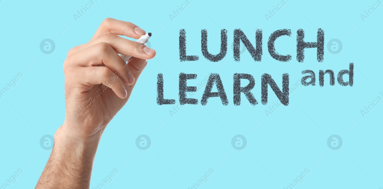 Image of Lunch and Learn concept. Man with marker on turquoise background, closeup