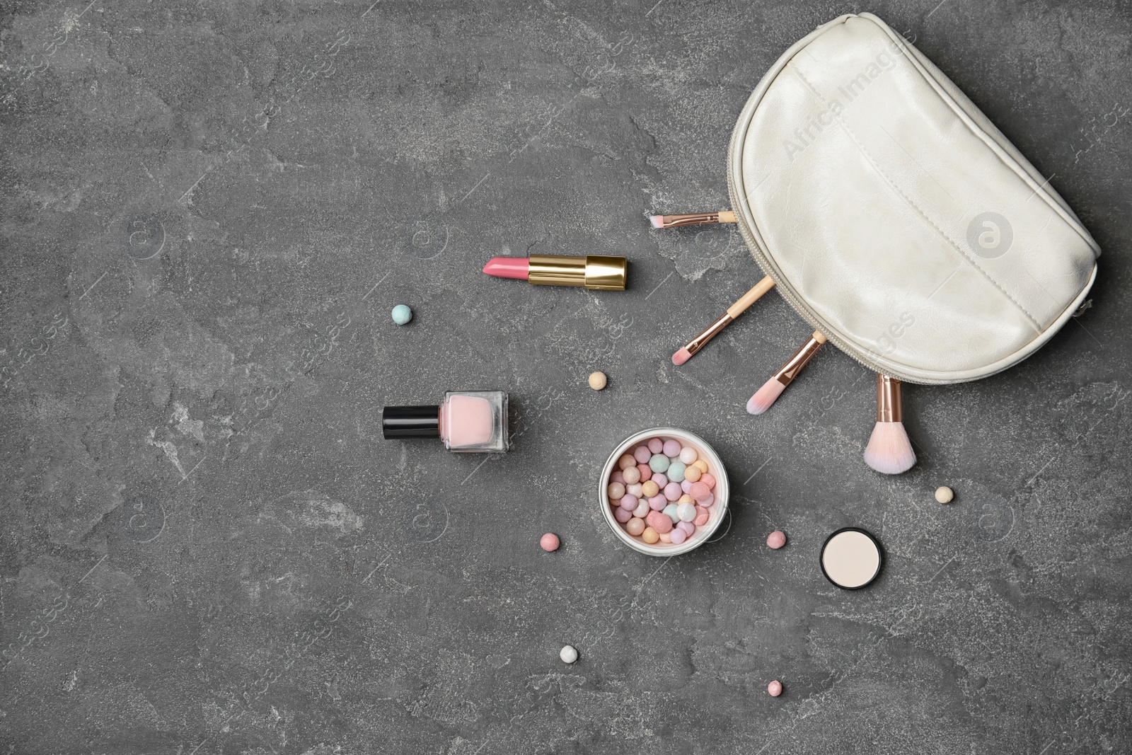 Photo of Flat lay composition with cosmetic products on grey background