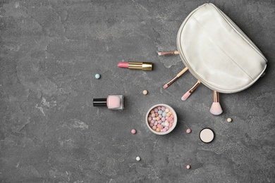 Photo of Flat lay composition with cosmetic products on grey background