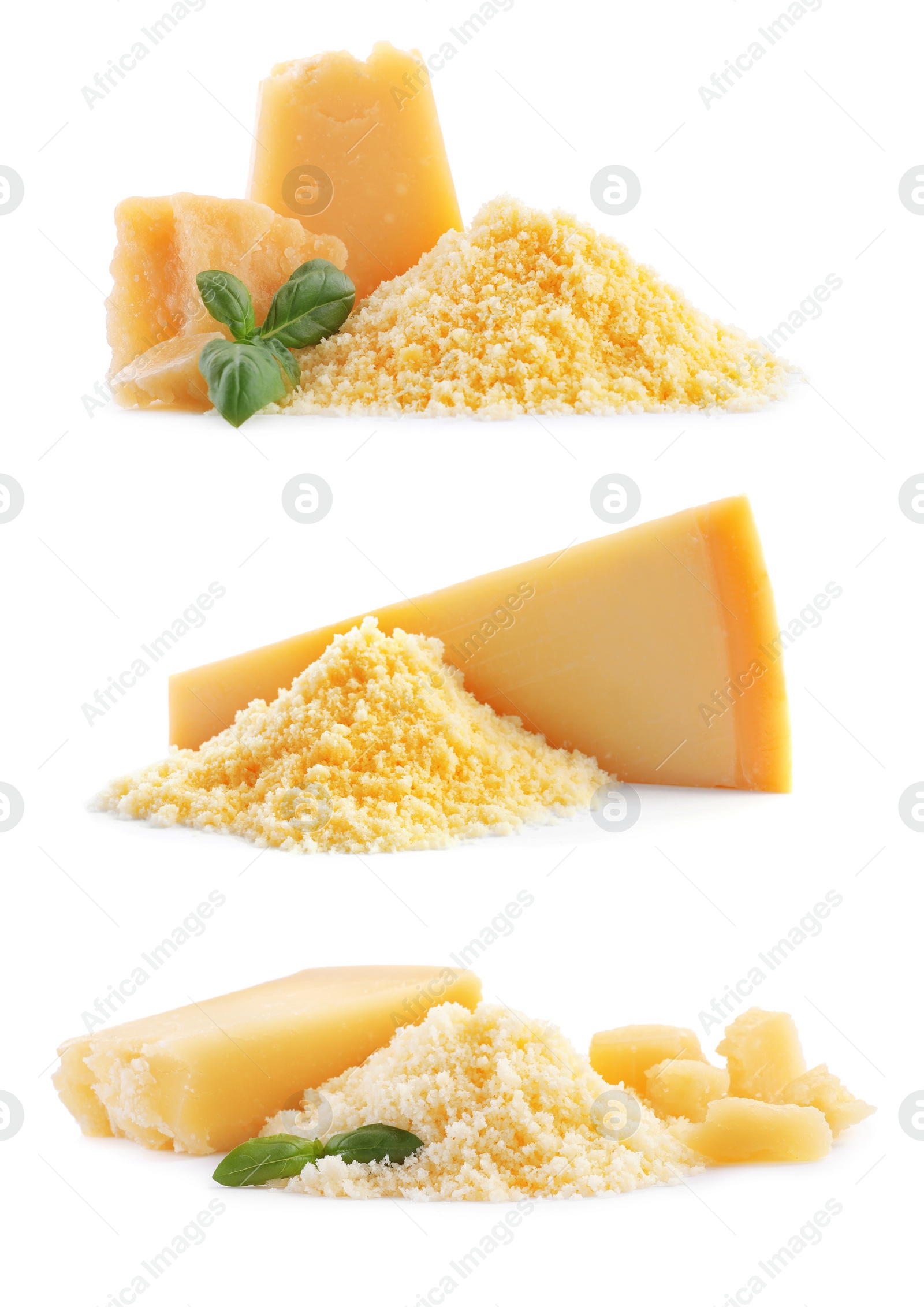 Image of Set with delicious parmesan cheese on white background