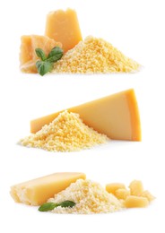 Image of Set with delicious parmesan cheese on white background