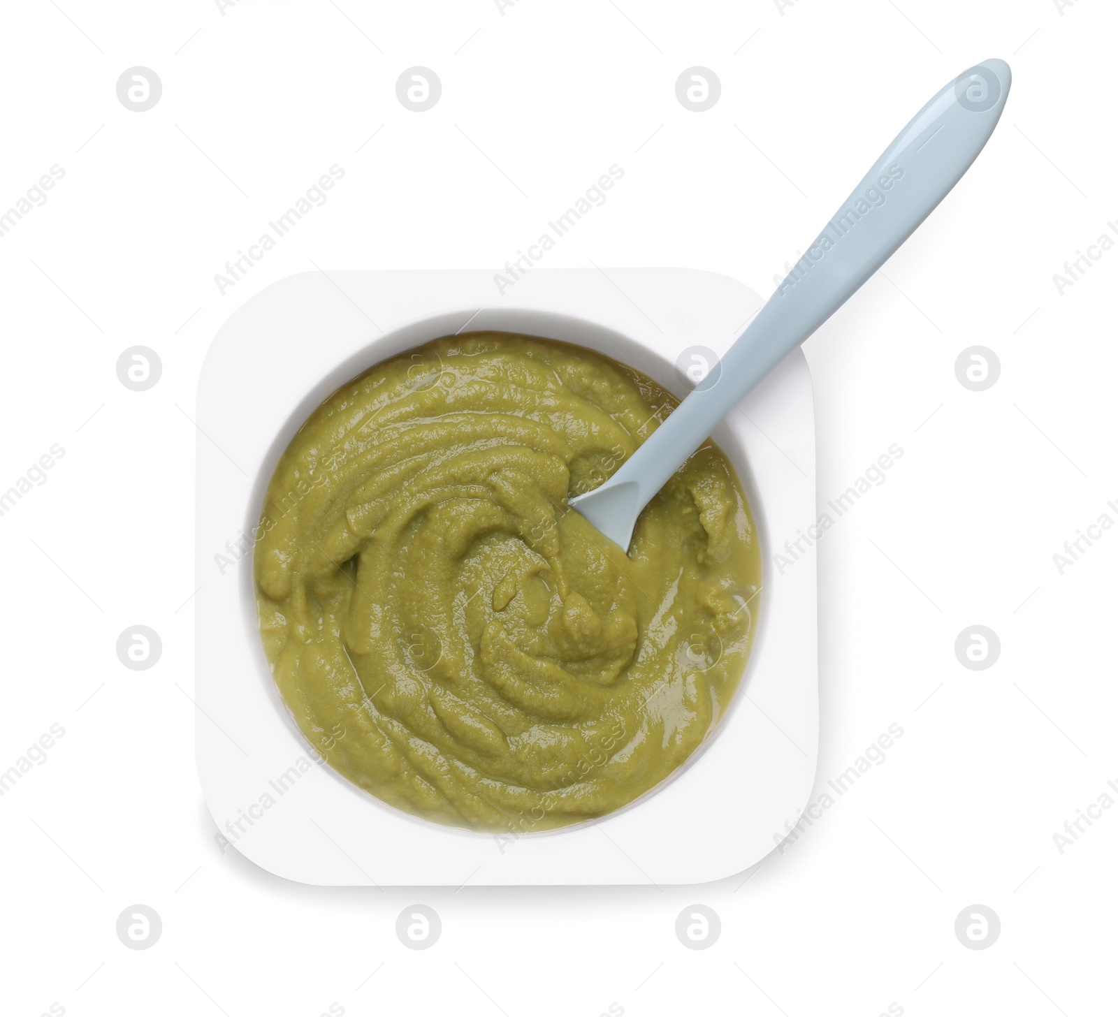 Photo of Container with healthy baby food and spoon isolated on white, top view