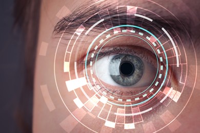 Facial and iris recognition technology. Woman with digital biometric scan on eye, closeup