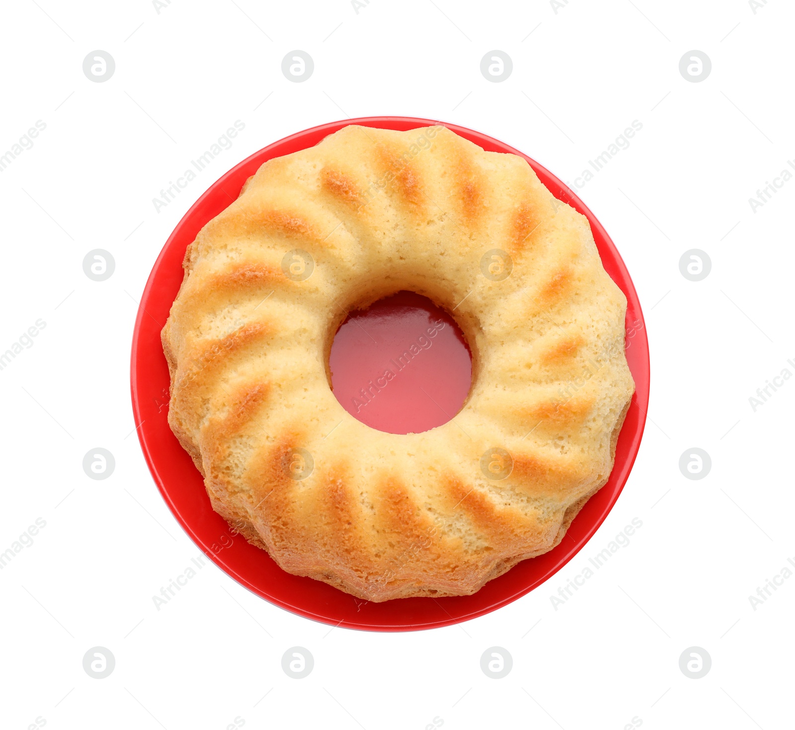 Photo of One tasty sponge cake isolated on white, top view