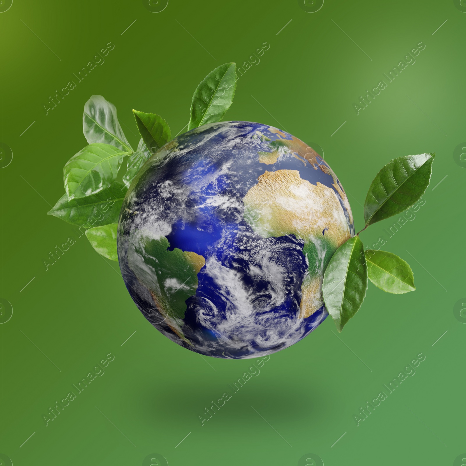 Image of Recycling concept. Earth planet with green leaves on color background