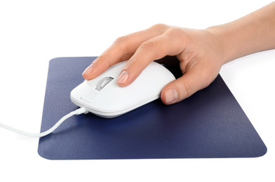 Photo of Woman with wired mouse and blue pad isolated on white, closeup