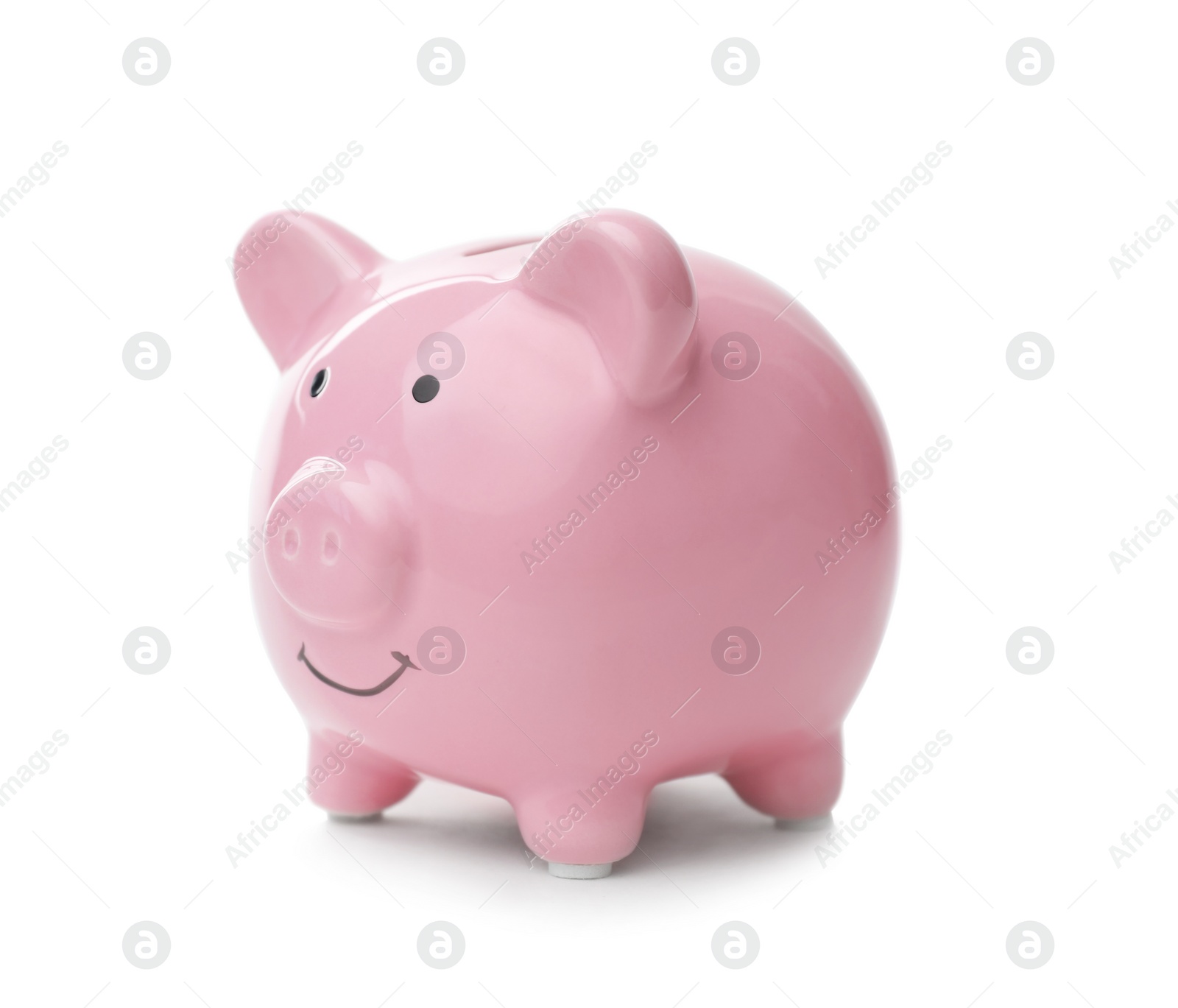 Photo of Pink piggy bank on white background. Money saving