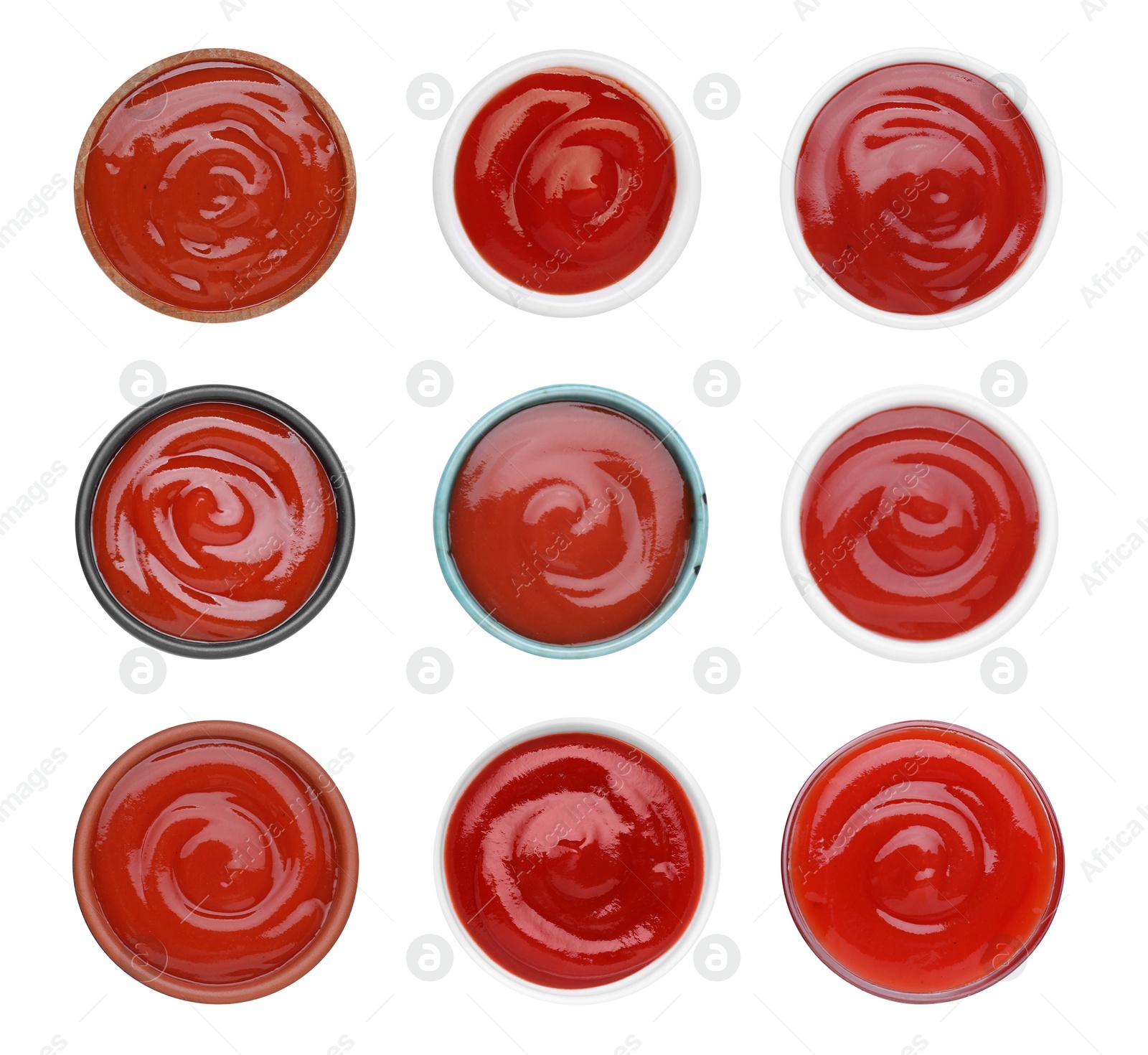 Image of Set of tasty ketchup in different bowls on white background, top view