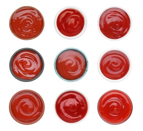 Image of Set of tasty ketchup in different bowls on white background, top view