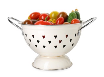 Photo of Metal colander with different tomatoes and cucumbers isolated on white