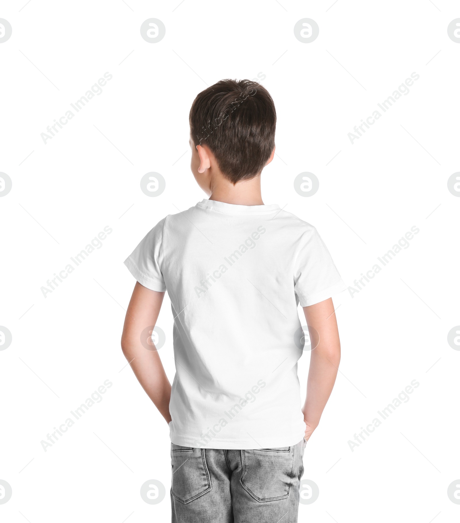 Photo of Little boy in t-shirt on white background. Mock-up for design