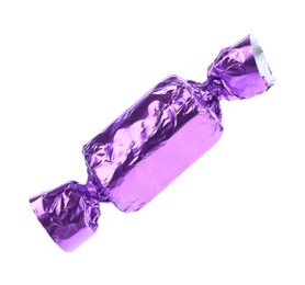 Photo of Tasty candy in purple wrapper isolated on white