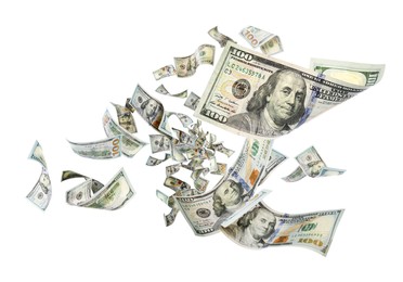 Image of Many American dollars on white background. Flying money