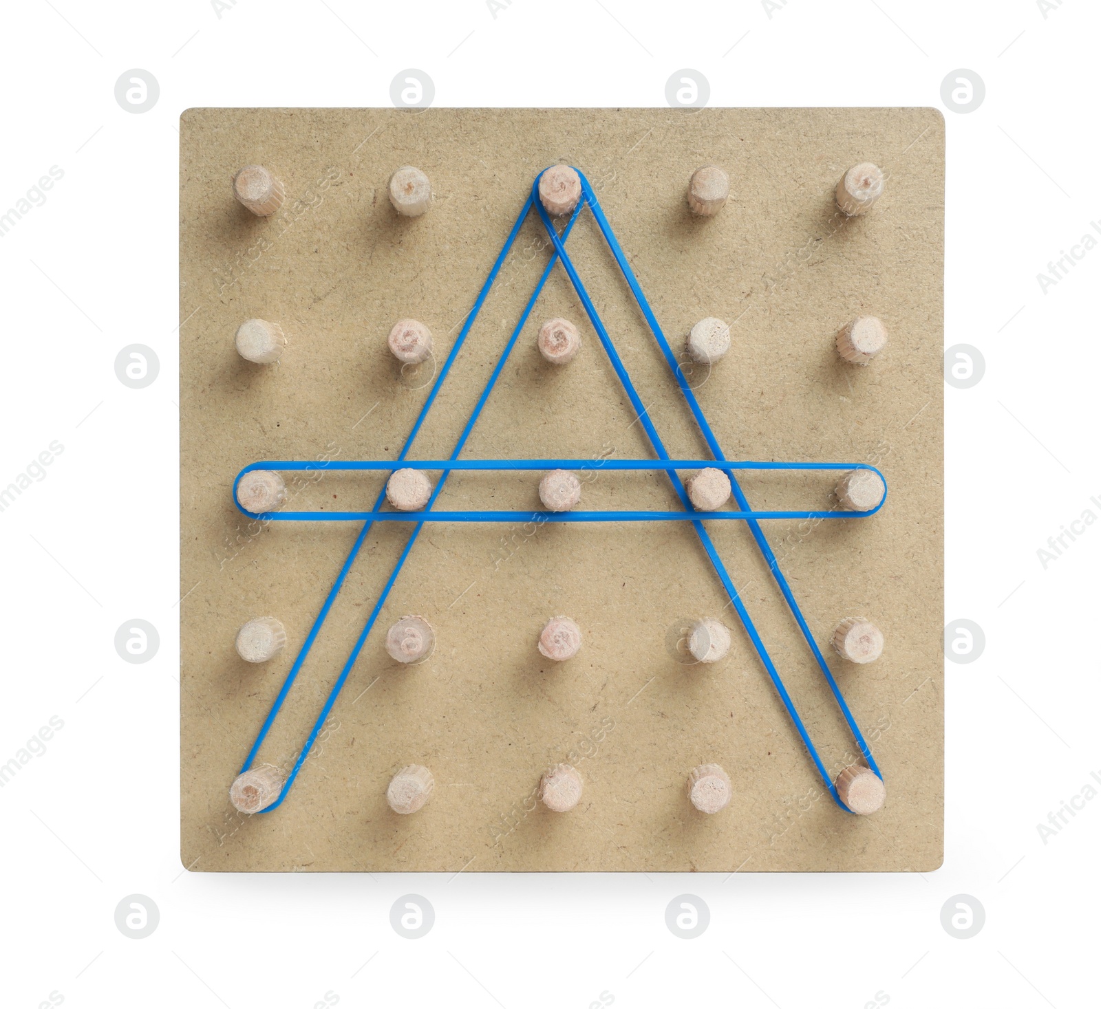 Photo of Wooden geoboard with letter A made of rubber bands isolated on white. Educational toy for motor skills development