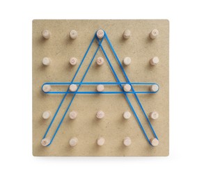 Wooden geoboard with letter A made of rubber bands isolated on white. Educational toy for motor skills development