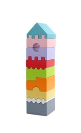 Photo of Colorful tower made of blocks isolated on white. Children's toy