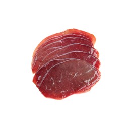 Photo of Slices of tasty bresaola isolated on white, top view