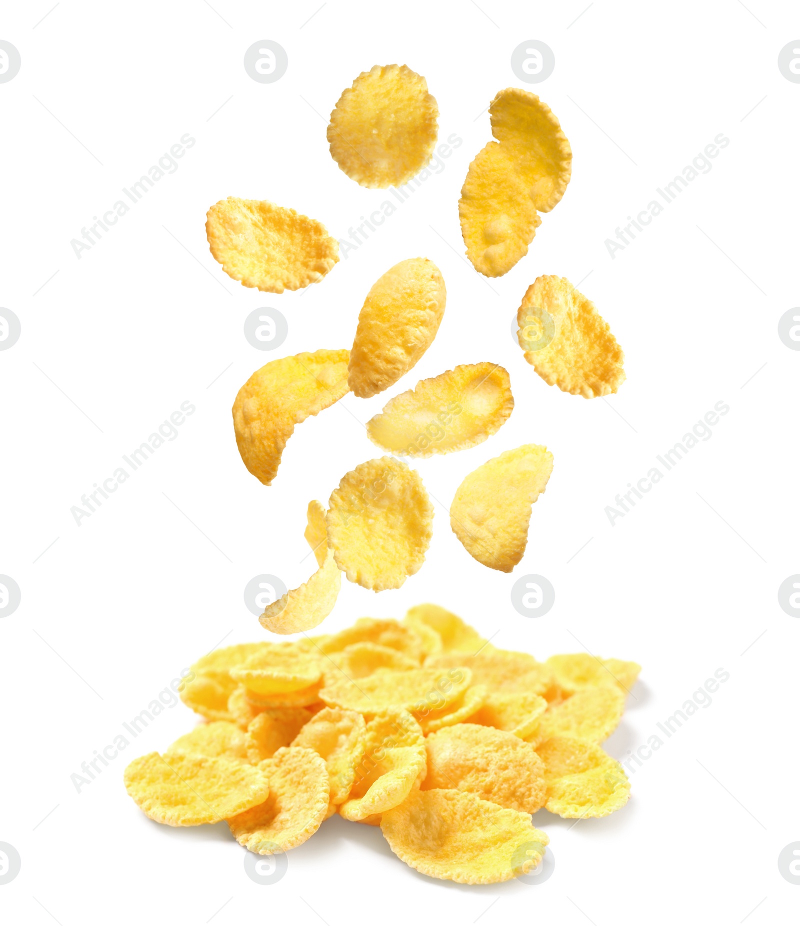 Image of Tasty crispy corn flakes on white background 