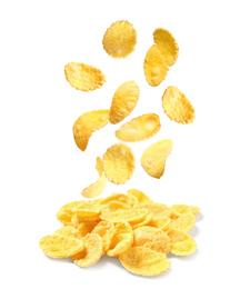 Image of Tasty crispy corn flakes on white background 