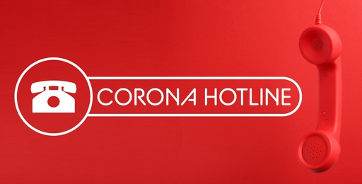 Image of Covid-19 Hotline. Handset and text on red background, banner design 