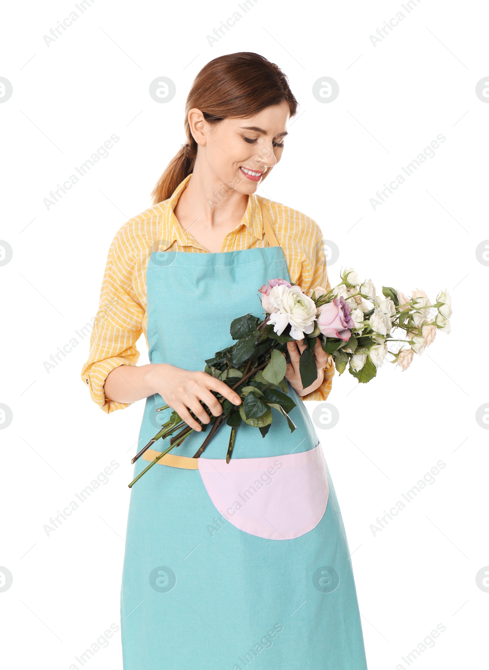 Photo of Female florist holding roses on white background