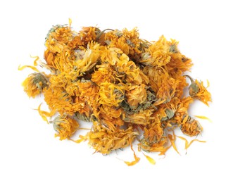 Pile of dry calendula flowers on white background, above view