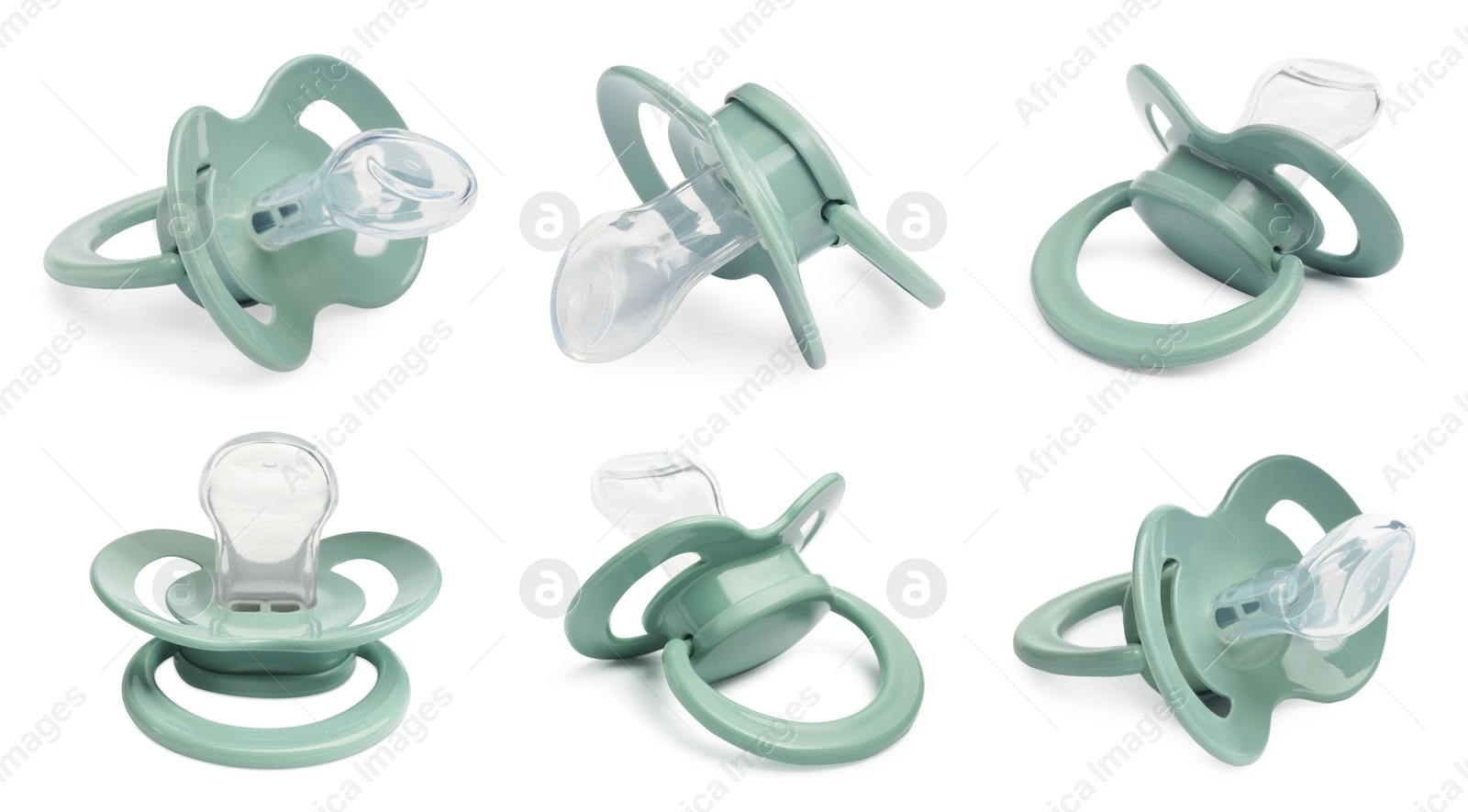 Image of Collage of pale green baby pacifier on white background, views from different sides