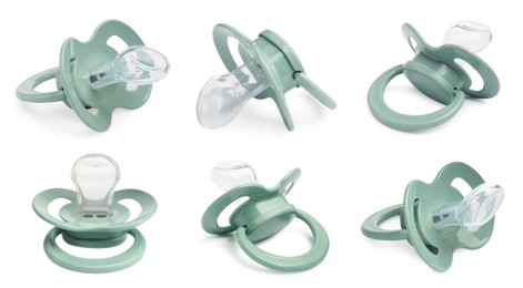 Image of Collage of pale green baby pacifier on white background, views from different sides