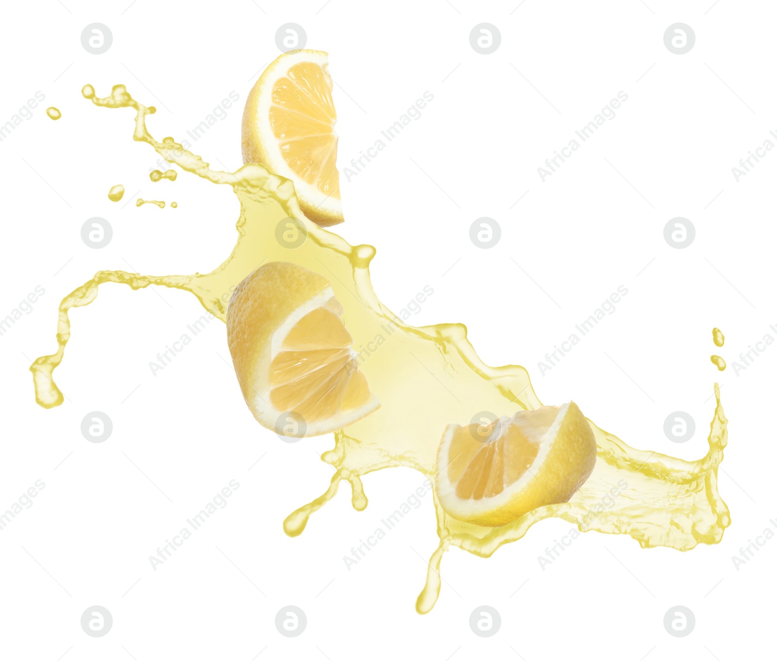 Image of Lemon pieces and splash of juice on white background